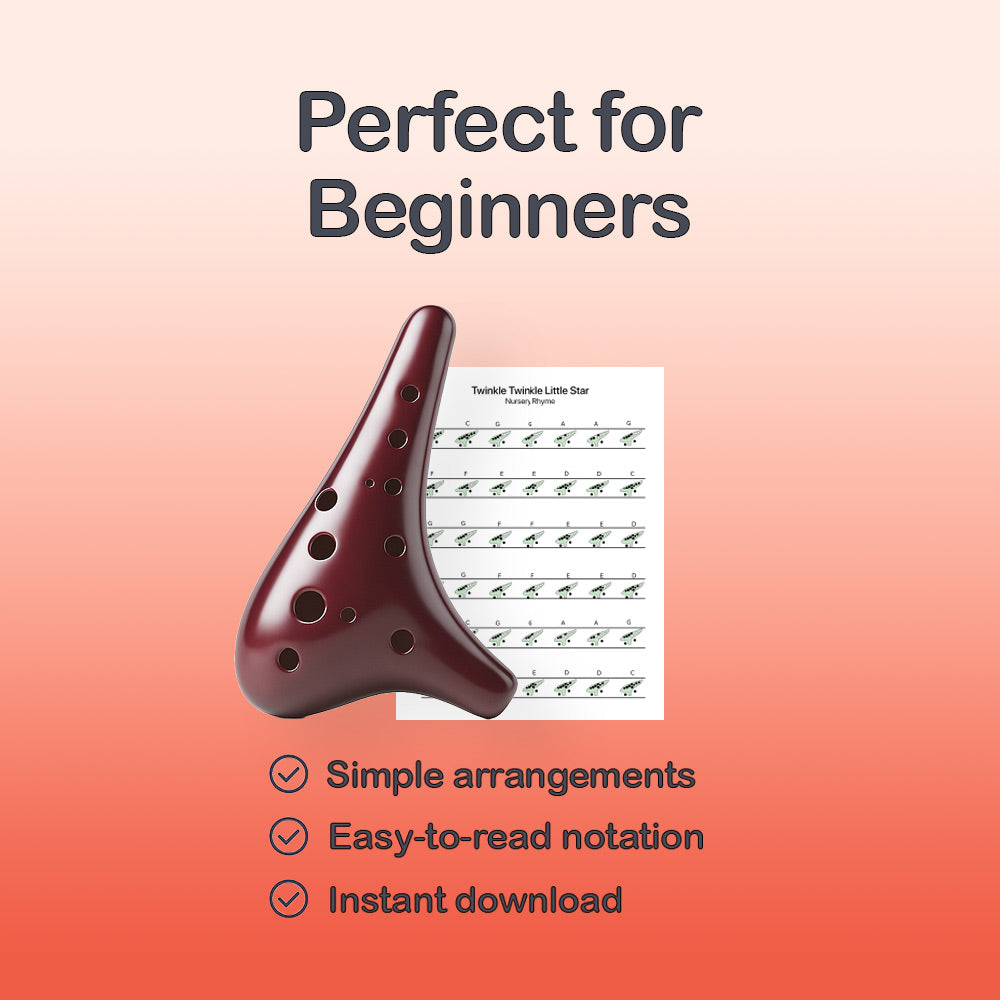 Wooden ocarina with sheet music on a gradient background, labeled 'Perfect for Beginners'.
