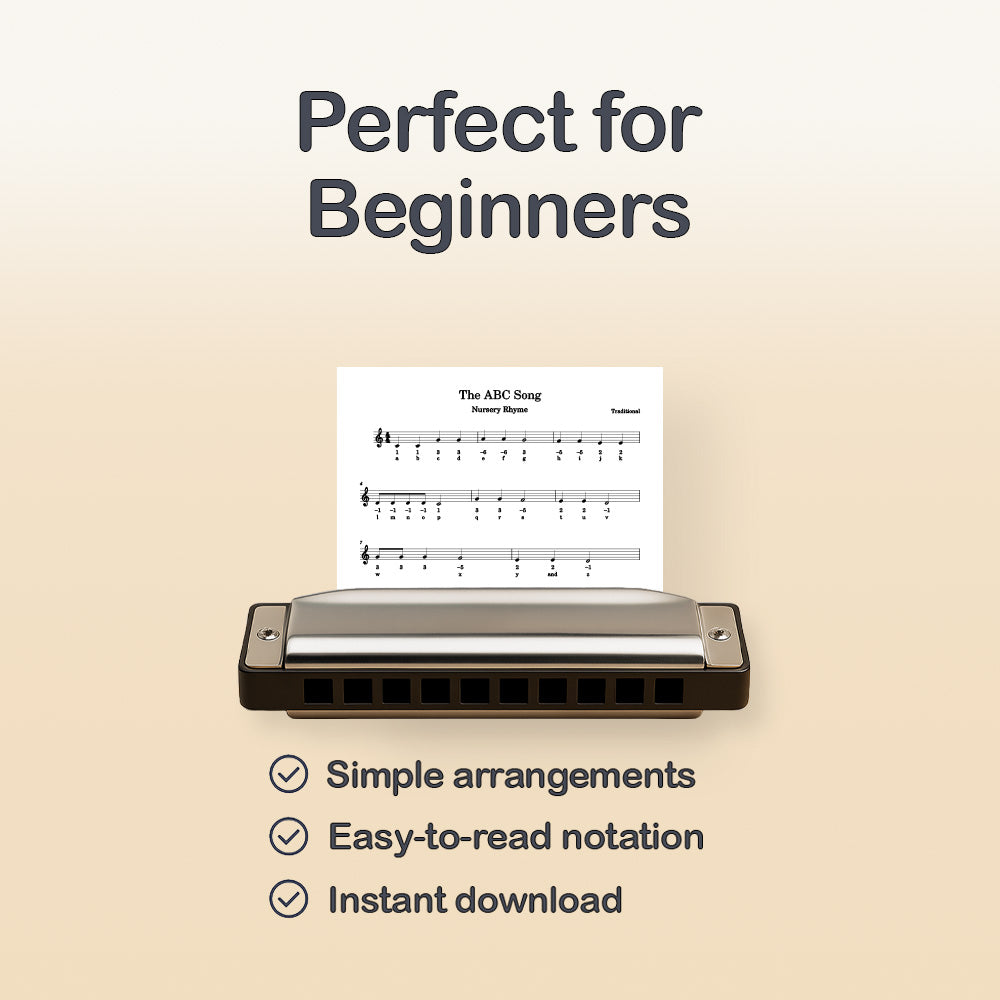 Harmonica with sheet music labeled 'Perfect for Beginners' on a beige background