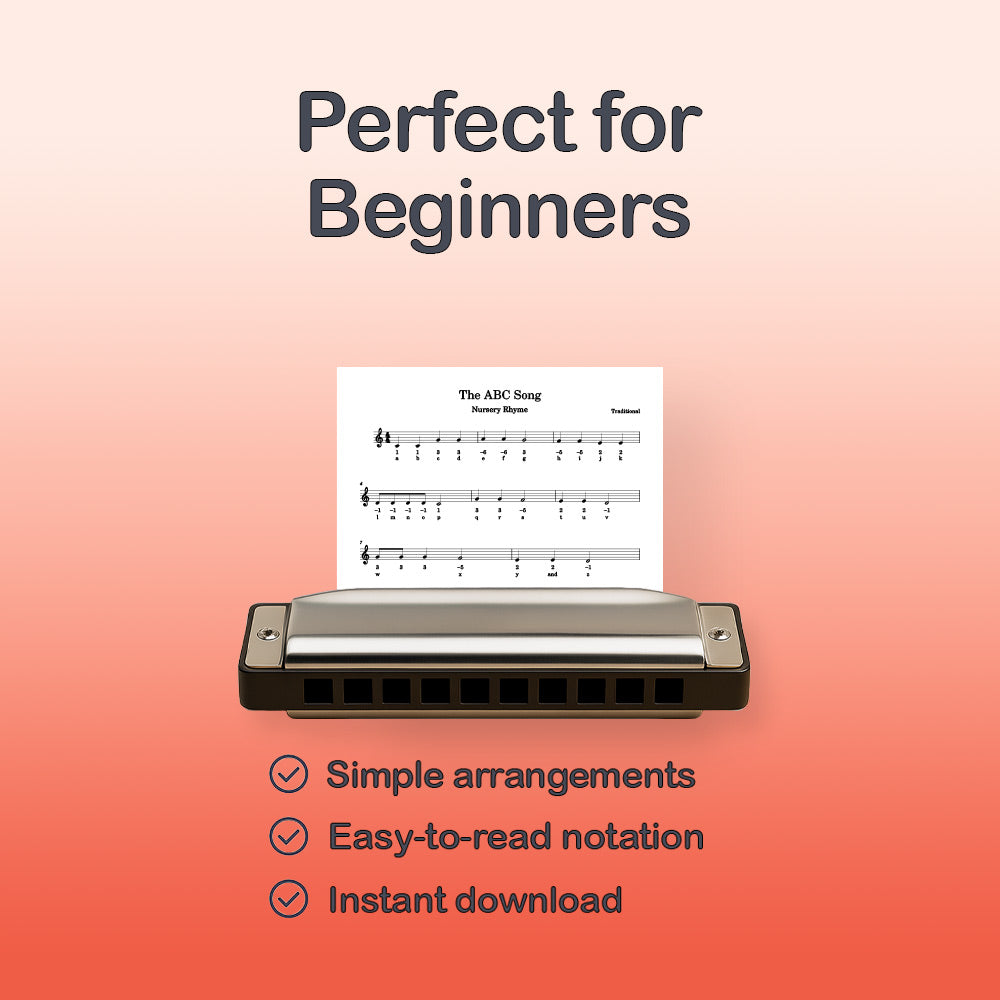 Harmonica with sheet music on a gradient background, labeled 'Perfect for Beginners'.
