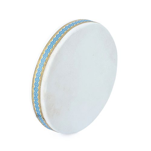 White drum with blue and gold rim on a white background