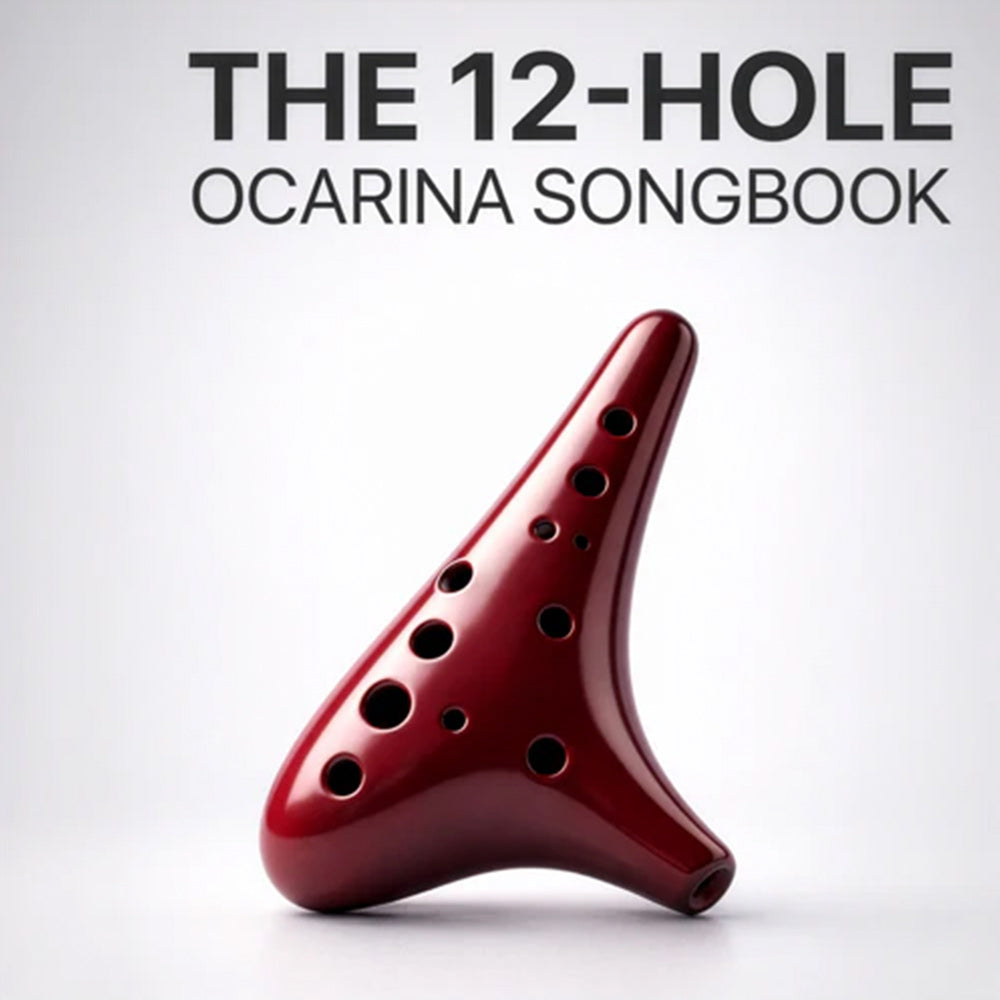 Red ocarina on a white background with text 'The 12-Hole Ocarina Songbook