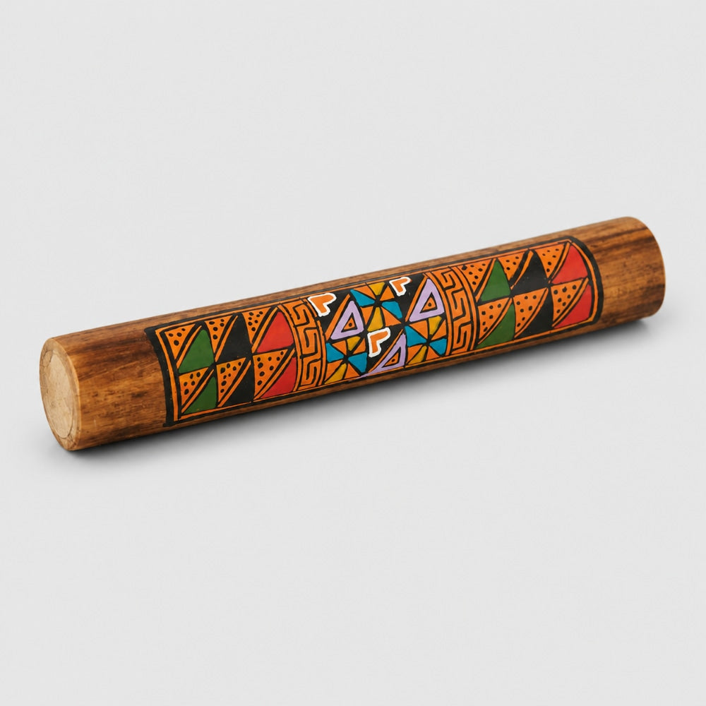 Hand painted bamboo rainstick with geometric designs