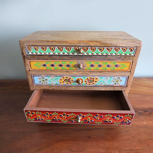 Hand painted mango wood chest with open drawer