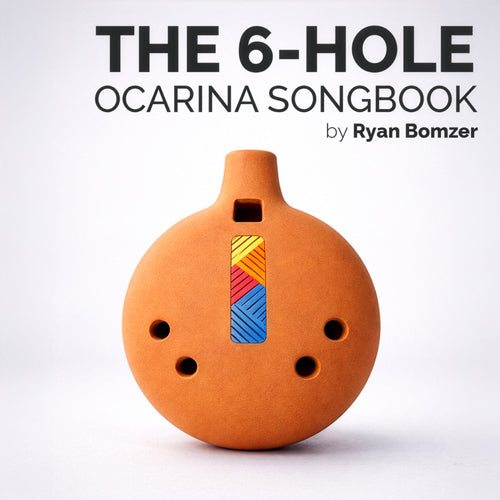 6-hole ocarina with colorful design on a white background, featuring text 'The 6-Hole Ocarina Songbook by Ryan Bomzer'.