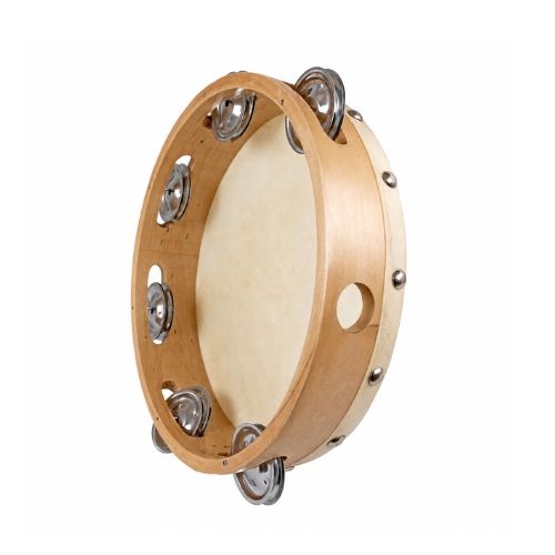 Wooden tambourine with metal jingles on a white background side angle