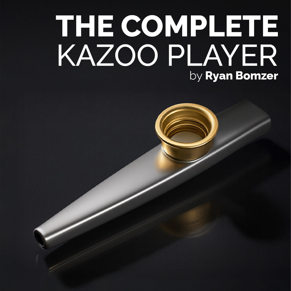 Kazoo on a black background with text 'The Complete Kazoo Player by Ryan Bomzer'.