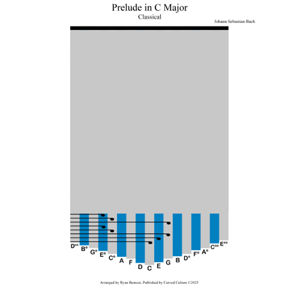 Sheet music cover for 'Prelude in C Major' by Johann Sebastian Bach with a blue and gray design.