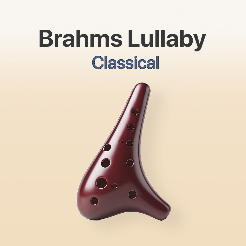 Red ocarina with 'Brahms Lullaby Classical' text on a beige background