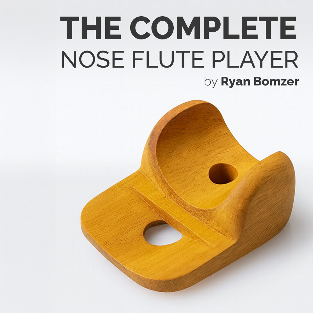 Wooden nose flute player device on a white background with text 'The Complete Nose Flute Player by Ryan Bomzer'.