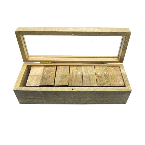 Solid mango wood box and dominoes with brass inlay 