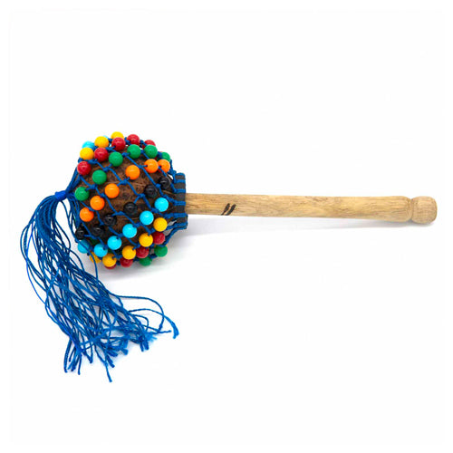 colourful beaded gourd rattle on wooden stick