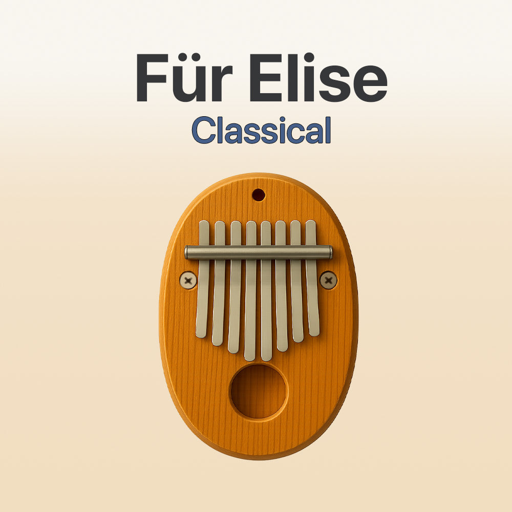 Wooden kalimba with metal tines on a beige background, featuring the text 'Für Elise Classical'.