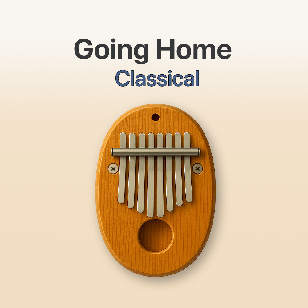 Wooden kalimba with 'Going Home Classical' text on a beige background