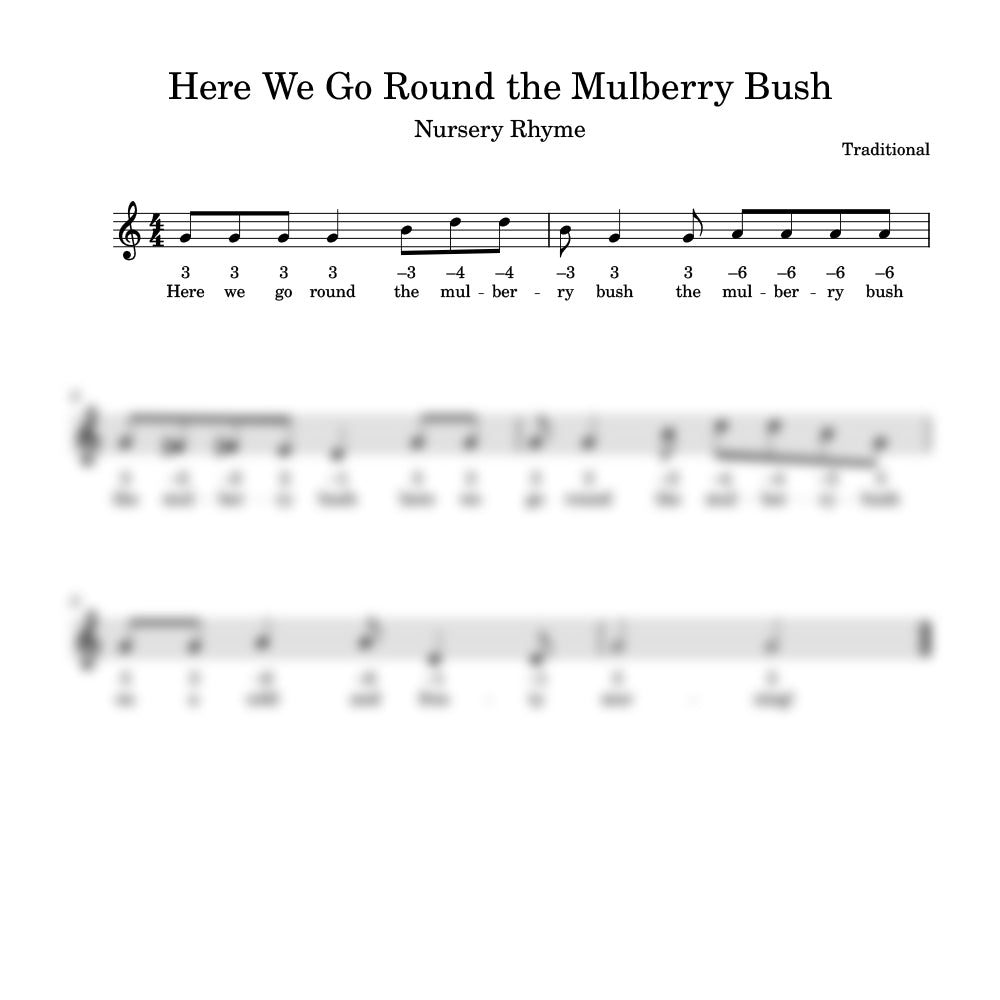Sheet music for the nursery rhyme 'Here We Go Round the Mulberry Bush' with lyrics and musical notation.