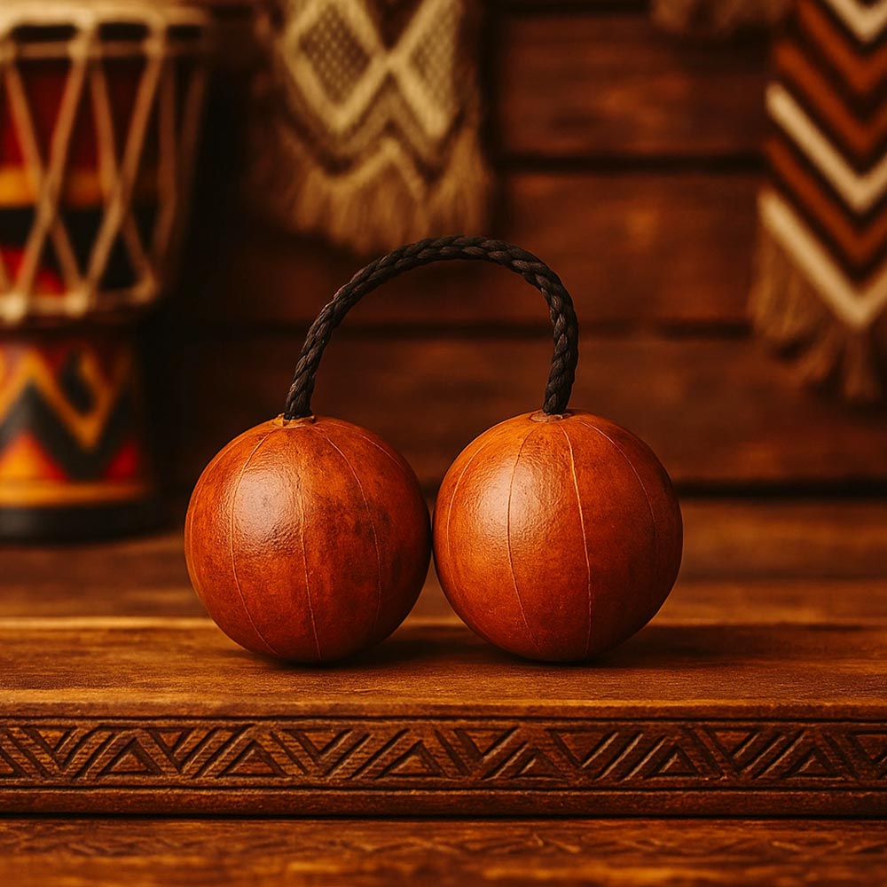 Pair of brown kashaka balls with a handle on a wooden surface, with a blurred background.