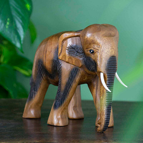 Hand Carved Thai Wooden Elephant Sculpture – 22cm Tall – Brown – Fair Trade – The Elephant Emporium