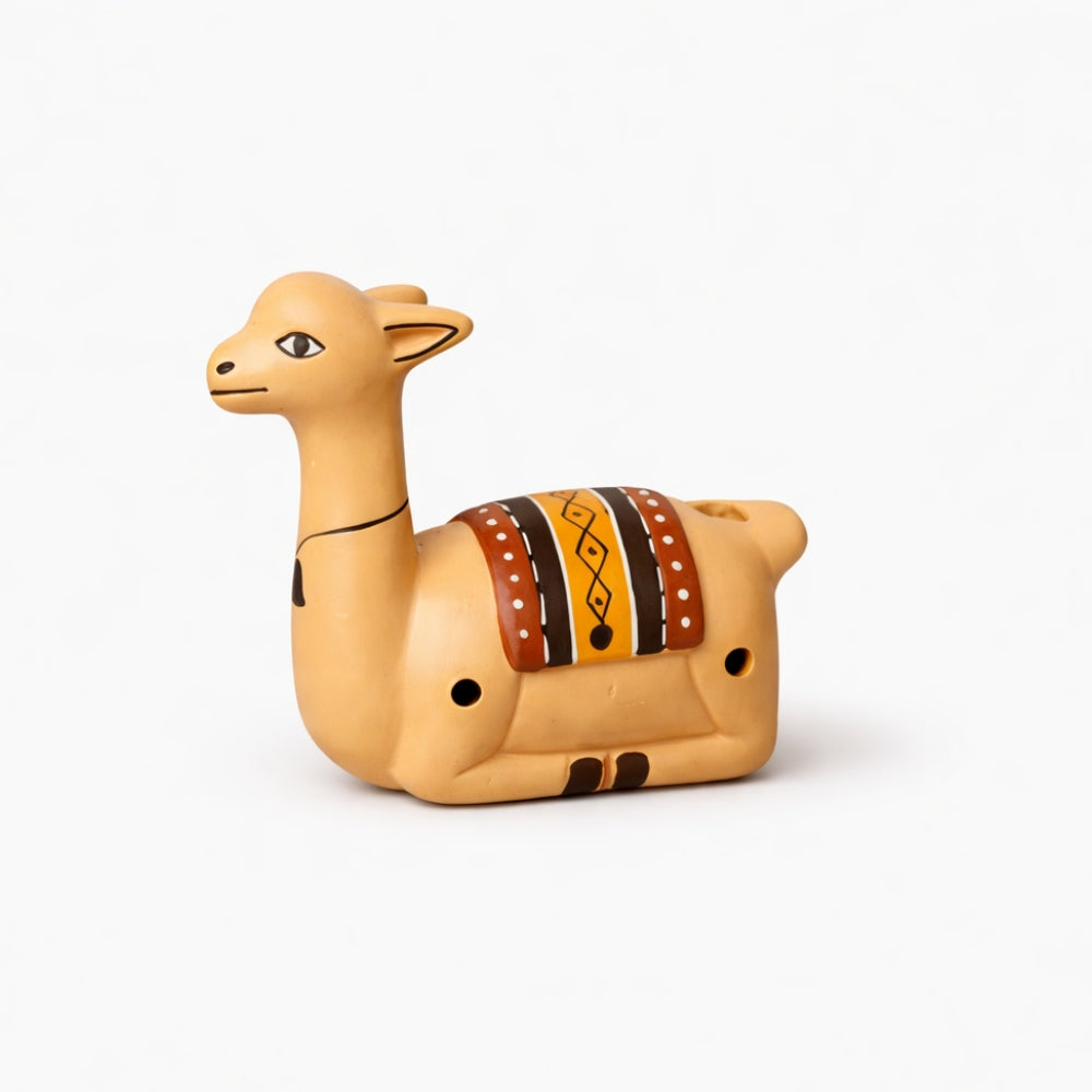 Llama Camel shaped Ocarina woodwind instrument ceramic with decorative elements on a white background