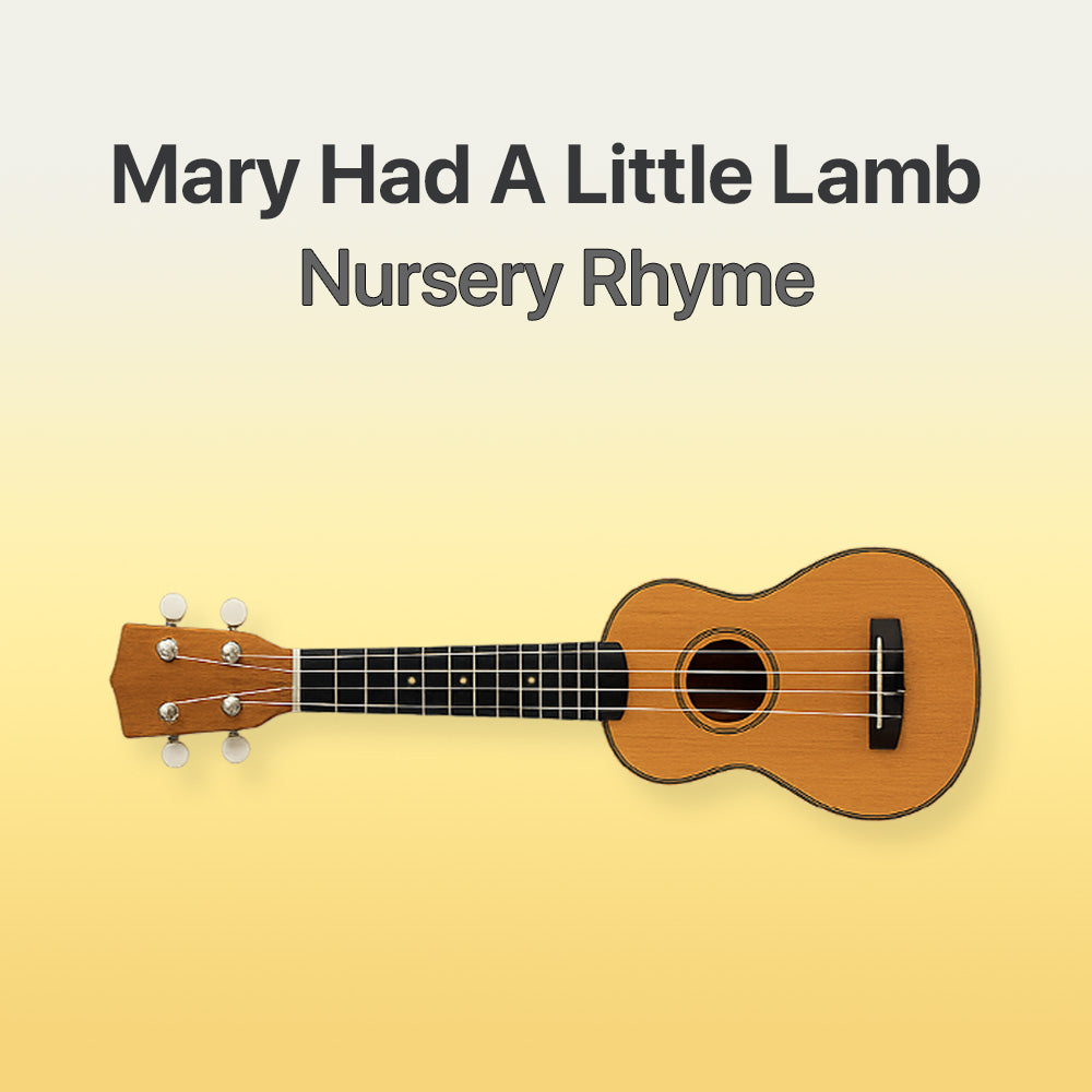 Ukulele on a yellow background with text 'Mary Had A Little Lamb Nursery Rhyme'.