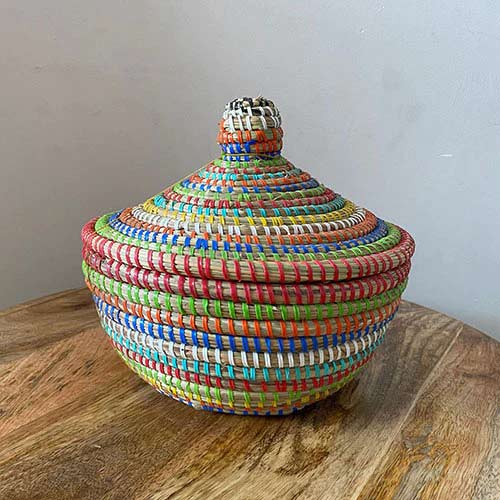 Multicoloured African basket pot with lid from senegal