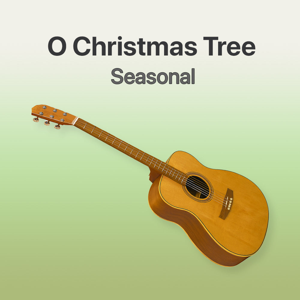 Acoustic guitar on a light green background with 'O Christmas Tree Seasonal' text.