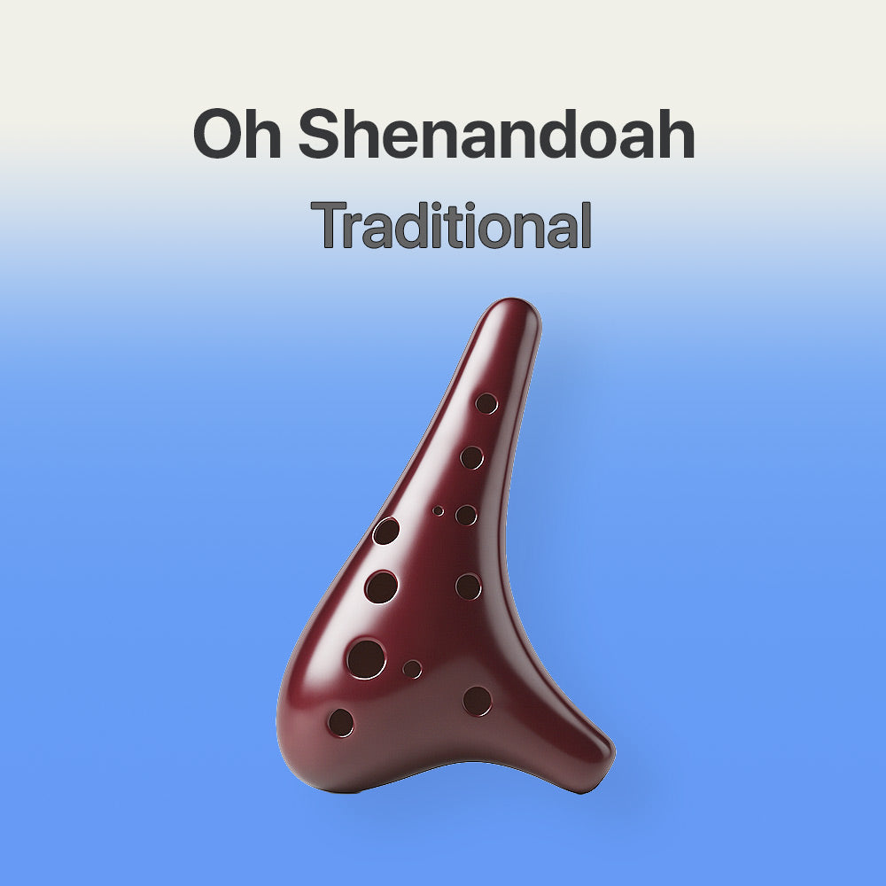Traditional ocarina with 'Oh Shenandoah' text on a blue gradient background