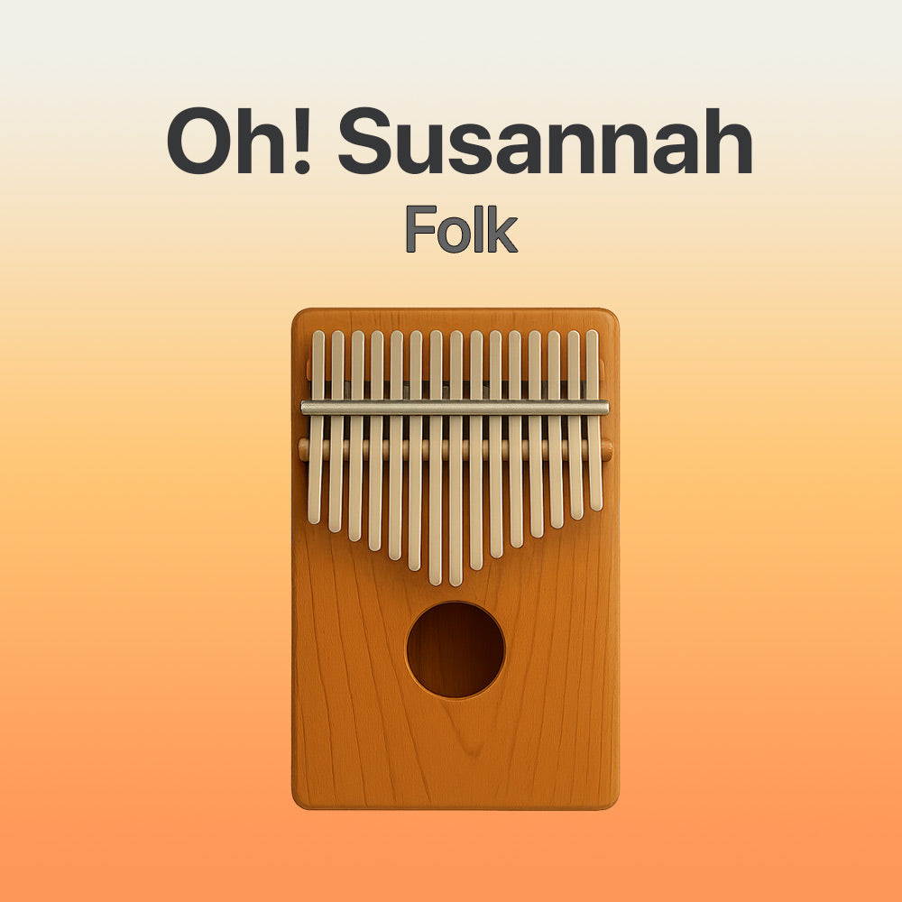 Wooden kalimba with 'Oh! Susannah Folk' text on a gradient background