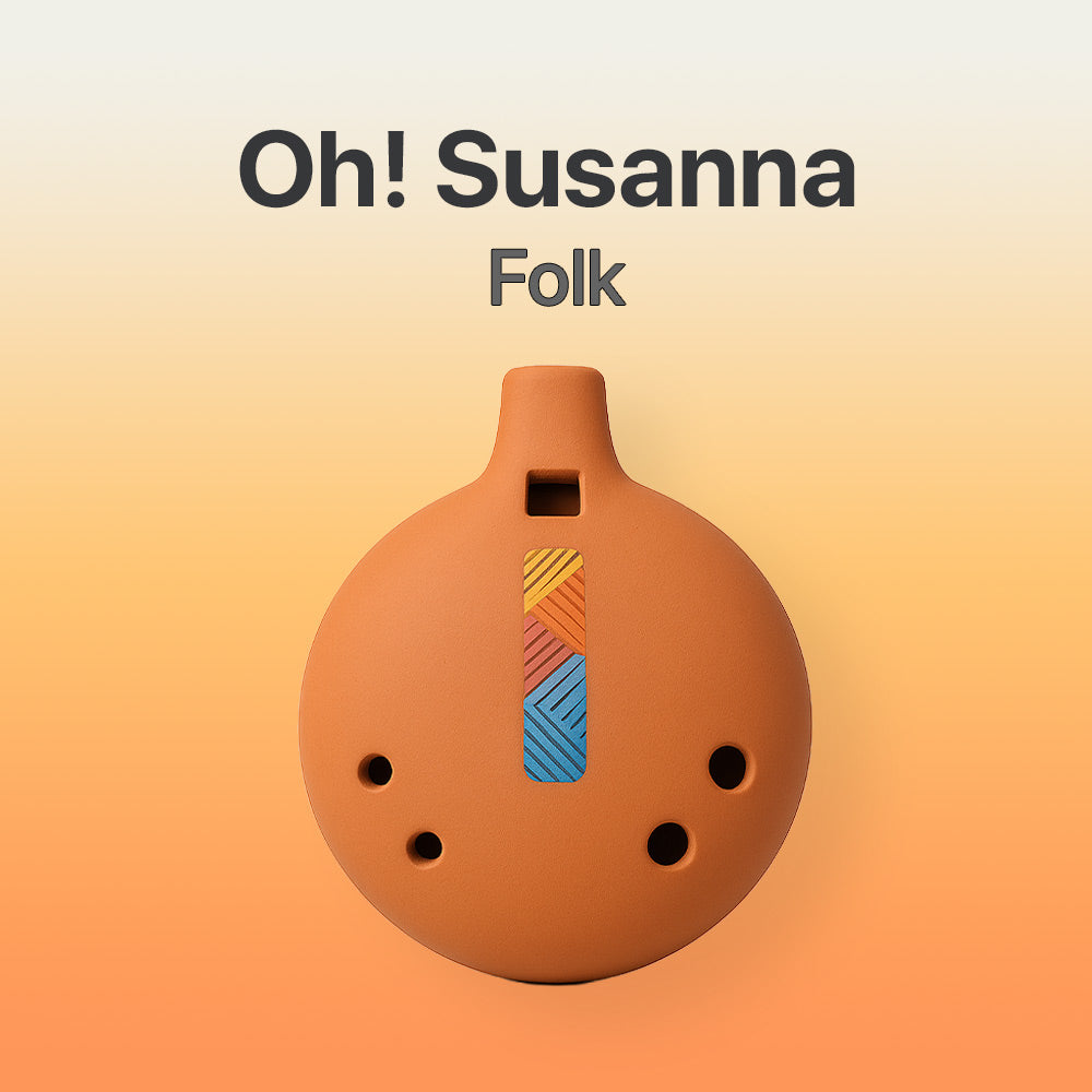 Ceramic ocarina with colorful design on an orange gradient background, featuring the text 'Oh! Susanna Folk'.