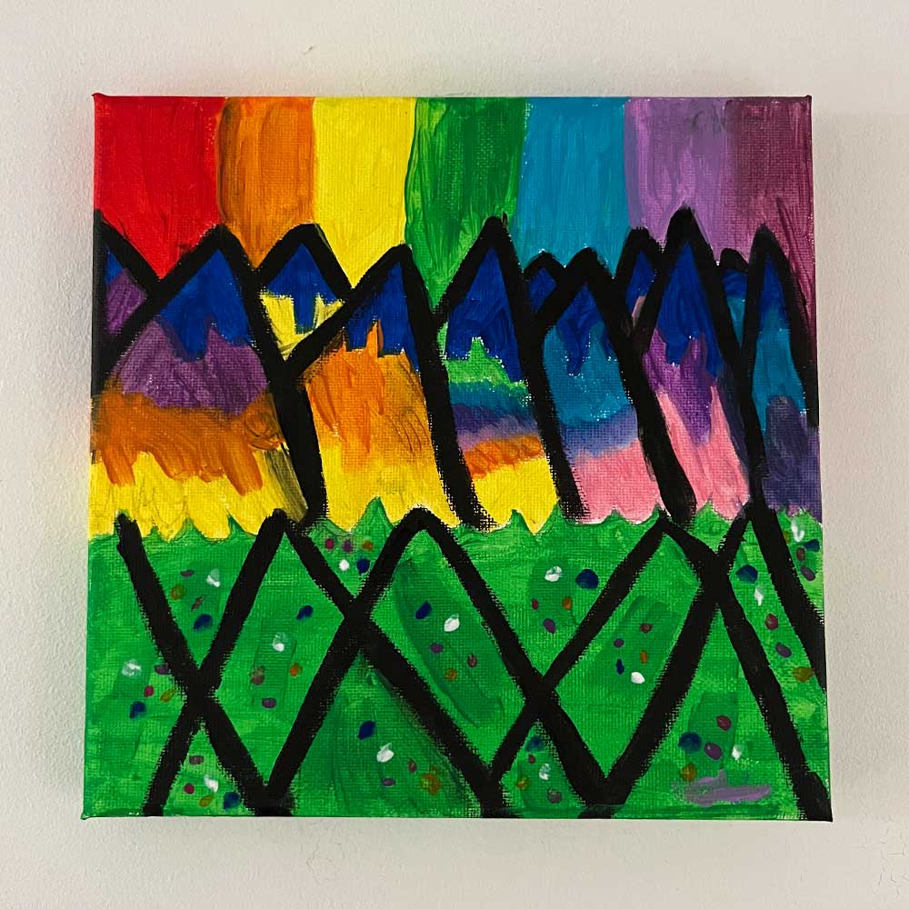 Colourful abstract painting with black zig-zag shapes over a rainbow sky and green field, by Olivia Bomzer