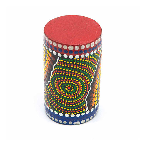 Penebel dot painted barrel shaker instrument from Indonesia with red frame and dot painted design