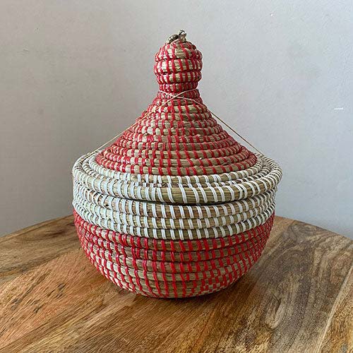 Red and white senegalese basket pot with lid 