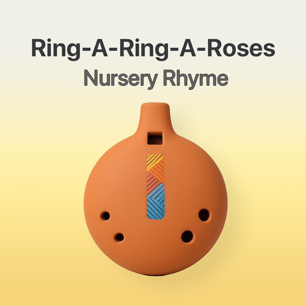 Terracotta ocarina with colorful design on a gradient background, featuring the text 'Ring-A-Ring-A-Roses Nursery Rhyme'.
