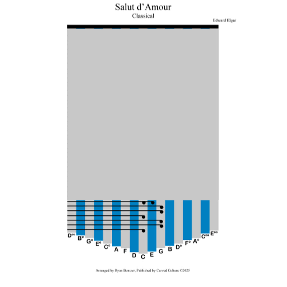 Sheet music cover for 'Salut d'Amour' by Edward Elgar with a gray background and blue musical staff.