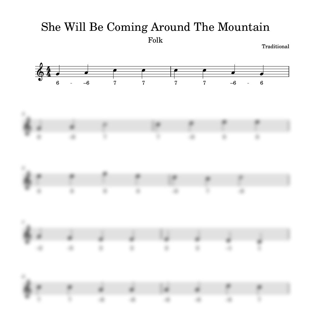 Sheet music for 'She Will Be Coming Around The Mountain' with musical notation and text.