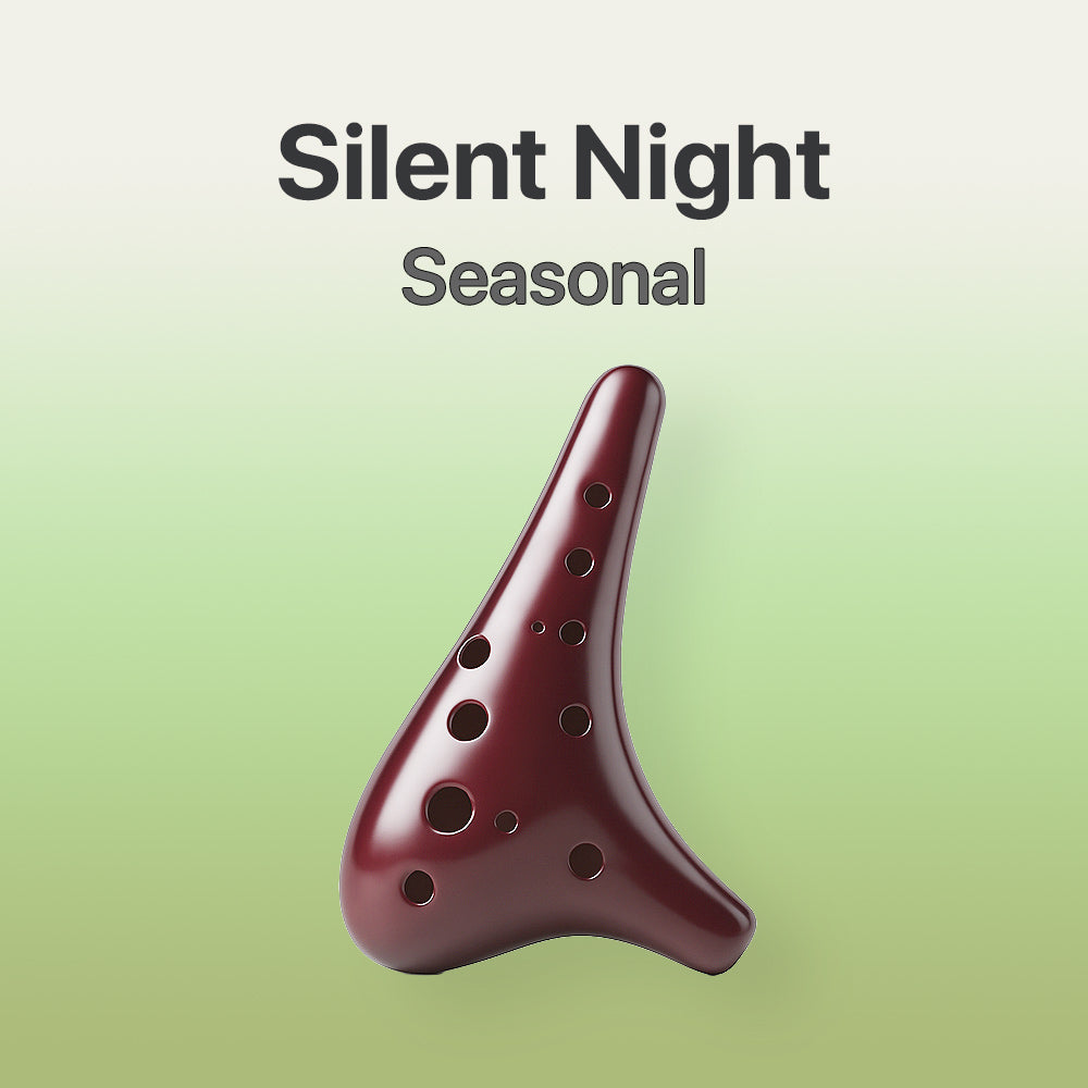 Red ocarina on a green background with 'Silent Night Seasonal' text