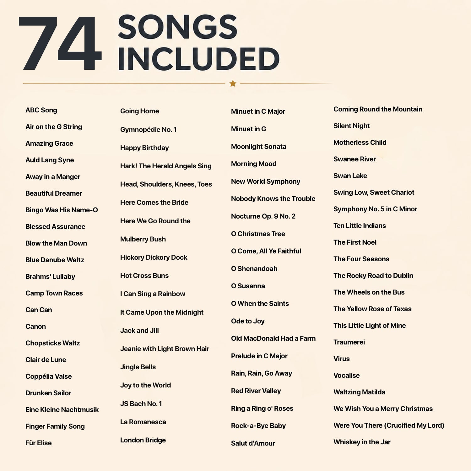 A beige sheet featuring the text '74 SONGS INCLUDED' in large dark gray/black font at the top, with four columns of song titles listed below in smaller text.