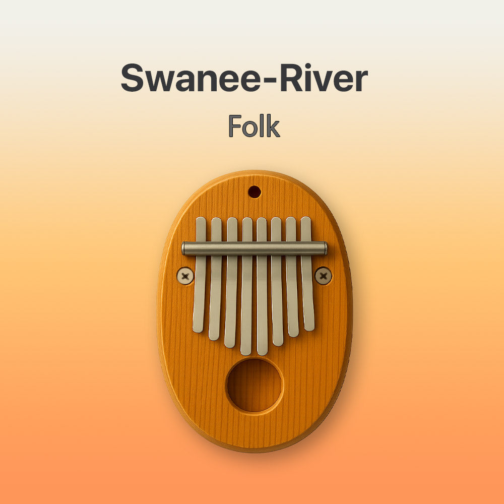 Wooden kalimba with metal tines on a gradient background, featuring the text 'Swanee-River Folk'.