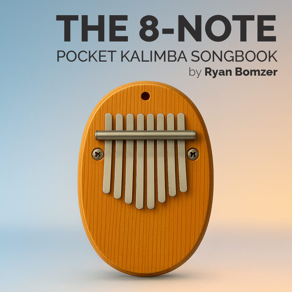 Pocket kalimba with 'The 8-Note Pocket Kalimba Songbook by Ryan Bomzer' text on a gradient background