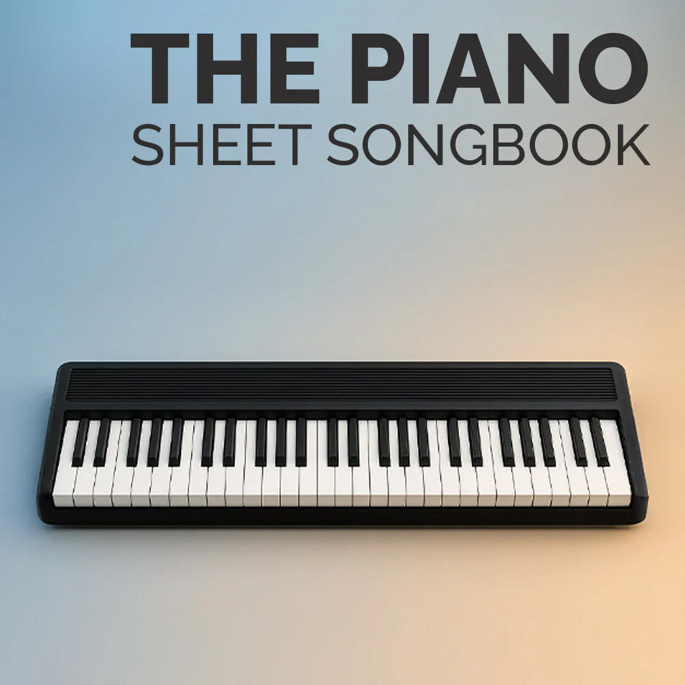 Piano keyboard on a gradient background with text 'The Piano Sheet Songbook