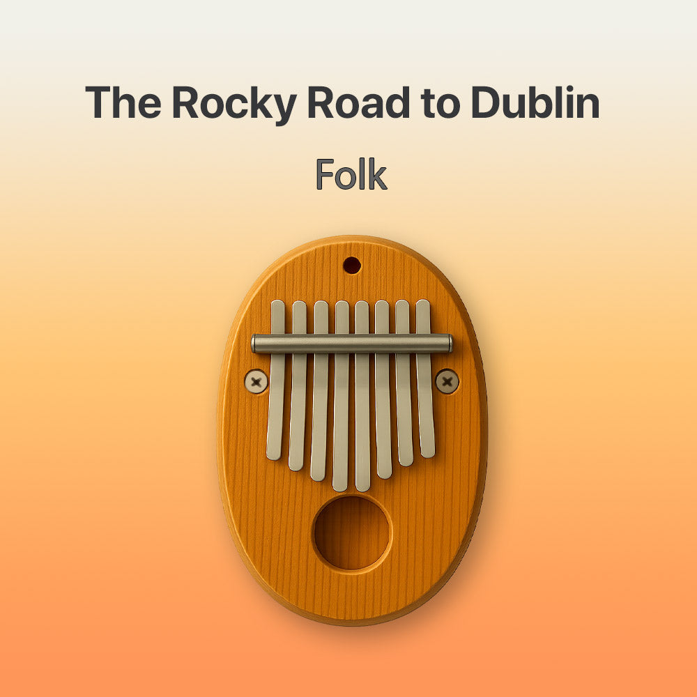 Wooden kalimba with 'The Rocky Road to Dublin' and 'Folk' text on a gradient background