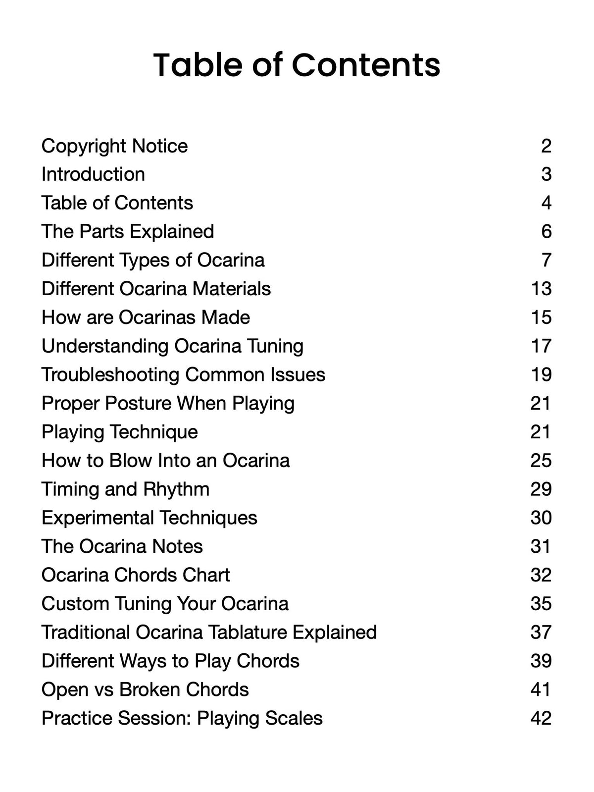 Table of contents for a book or document on ocarina, listing chapters and sections.