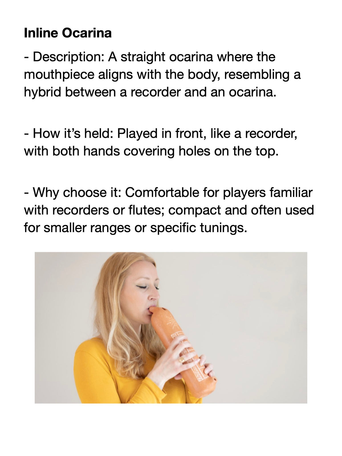 Person playing an inline ocarina with text description on a white background