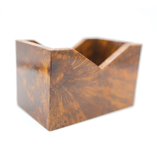 The side of a thuya wood business card holder without business cards