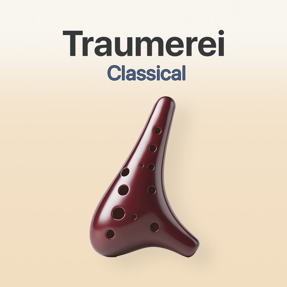 Red ocarina with 'Traumerei Classical' text on a beige background