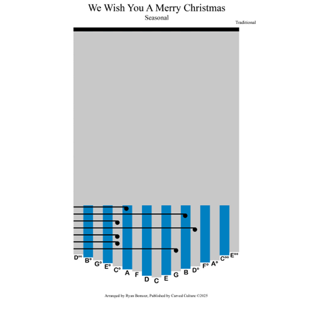 Sheet music cover for 'We Wish You A Merry Christmas' with a gray background and blue clef symbols.