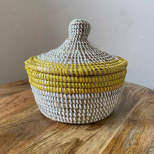 Yellow and white African senegalese basket pot with lid