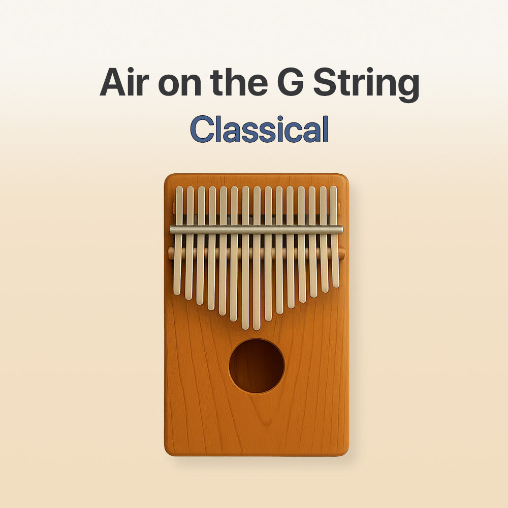 Wooden kalimba with metal tines on a beige background, labeled 'Air on the G String Classical'.