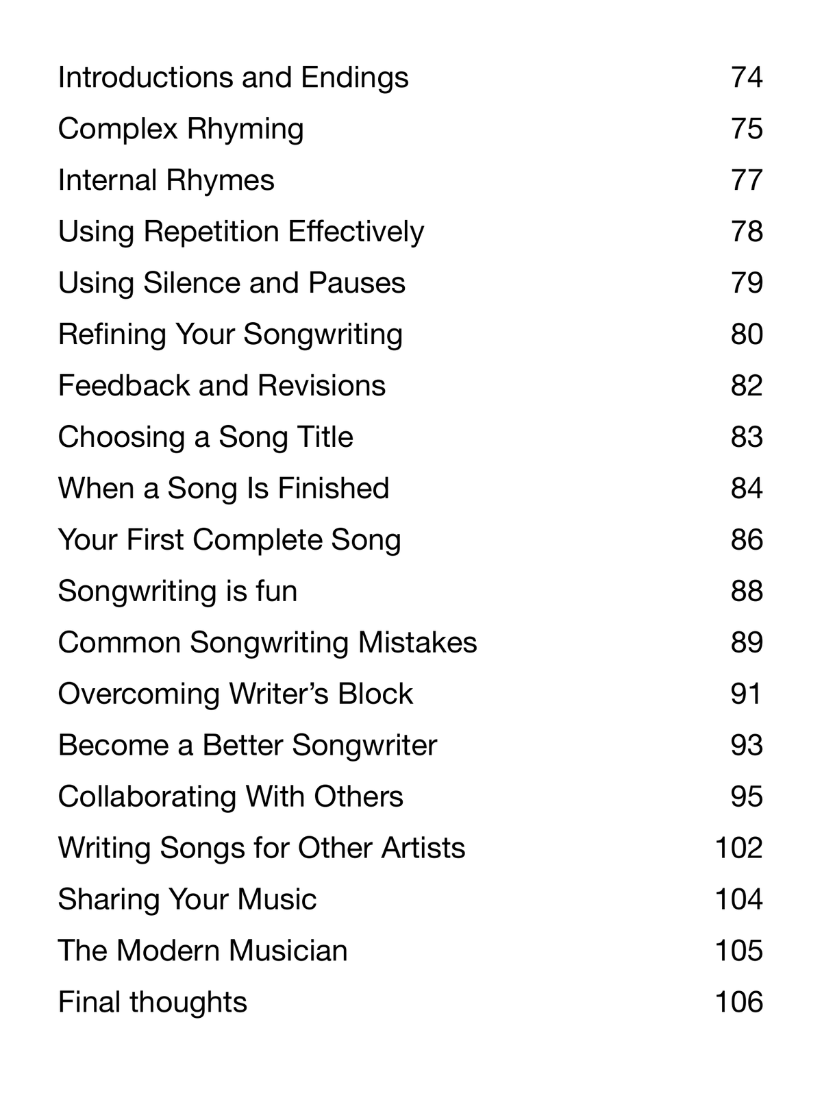 Become a Songwriter full table of contents, actual PDF page 3 of 3
