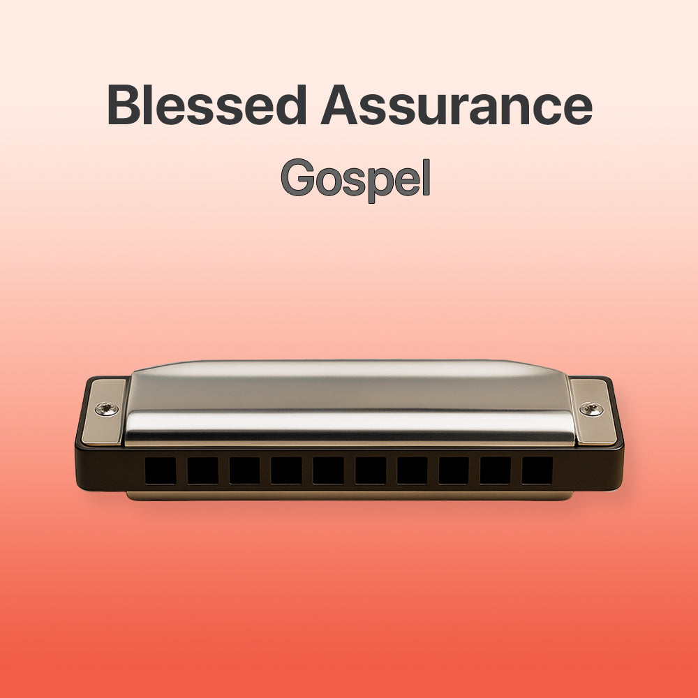 Harmonica with 'Blessed Assurance Gospel' text on a gradient background
