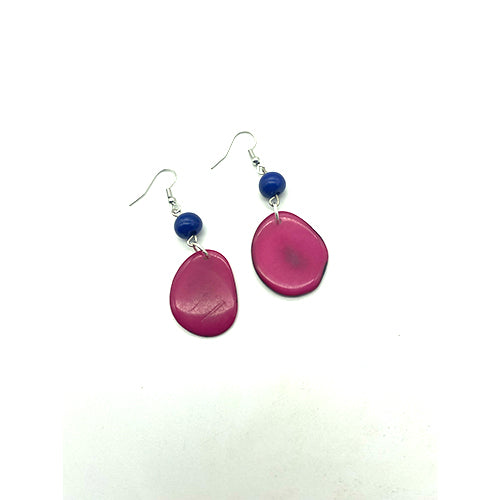 Tagua nut seed earrings with pink and blue seeds