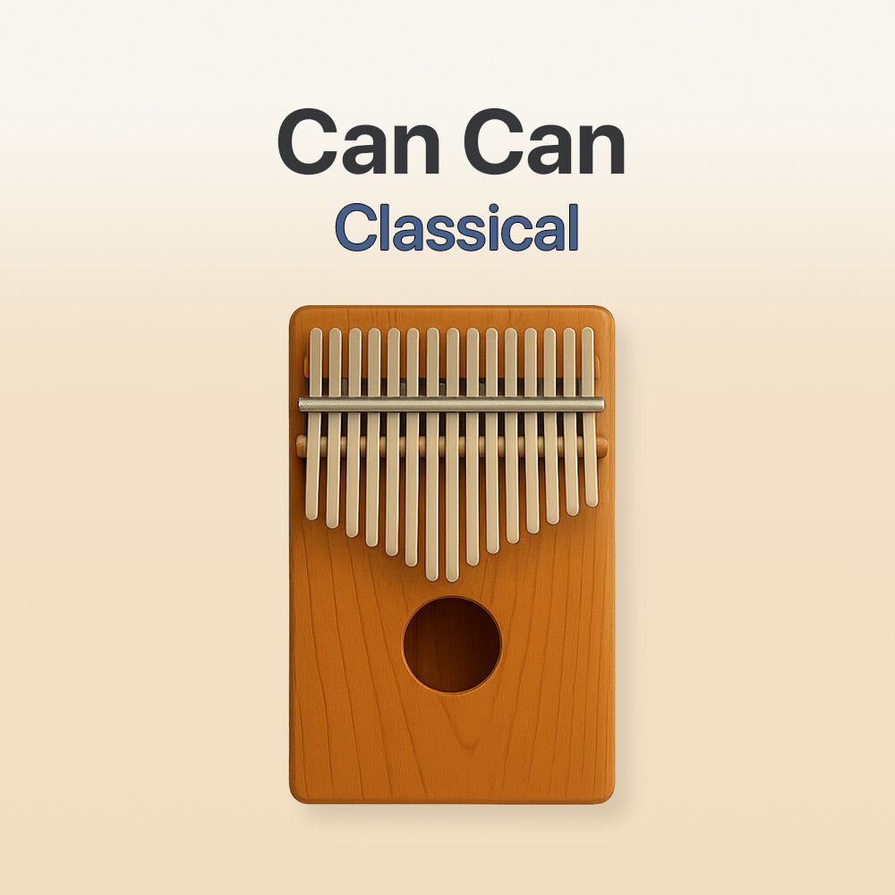 Wooden can can instrument on a beige background with 'Can Can Classical' text.